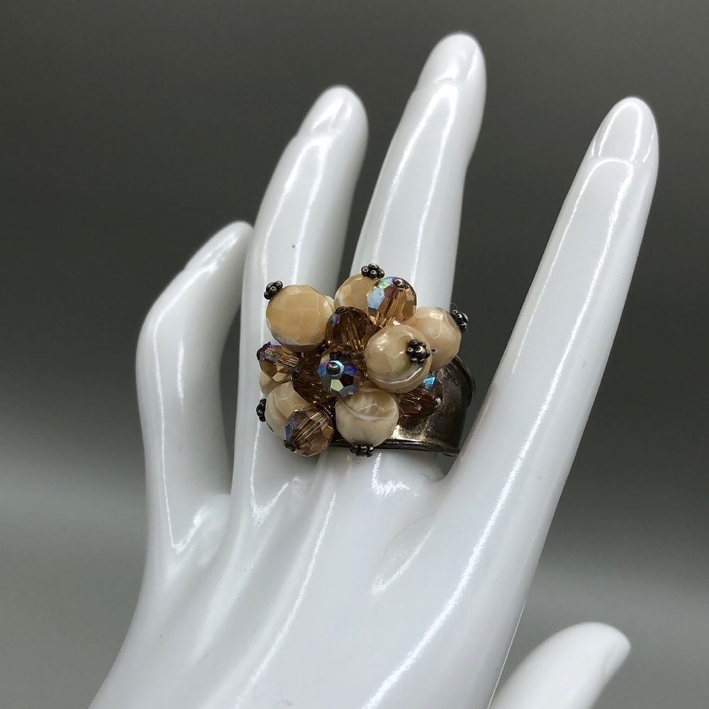 Bead cluster sterling silver 925 vintage artisan cuff ring-boho-statement-big